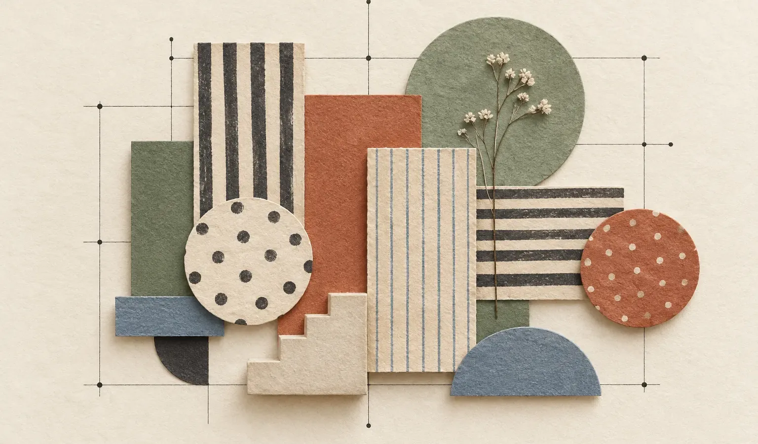 Striped paper rectangles, dotted circles, and a small staircase on an ink grid.