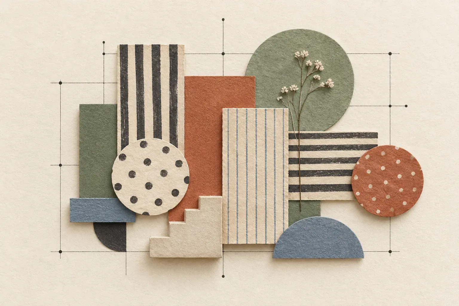 Striped paper rectangles, dotted circles, and a small staircase on an ink grid.
