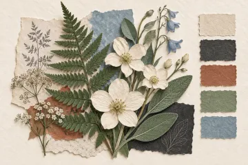 Paper ferns and pale flowers arranged beside earthy color swatches.