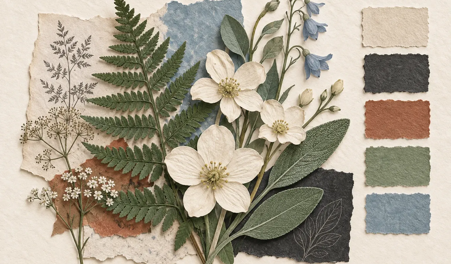 Paper ferns and pale flowers arranged beside earthy color swatches.