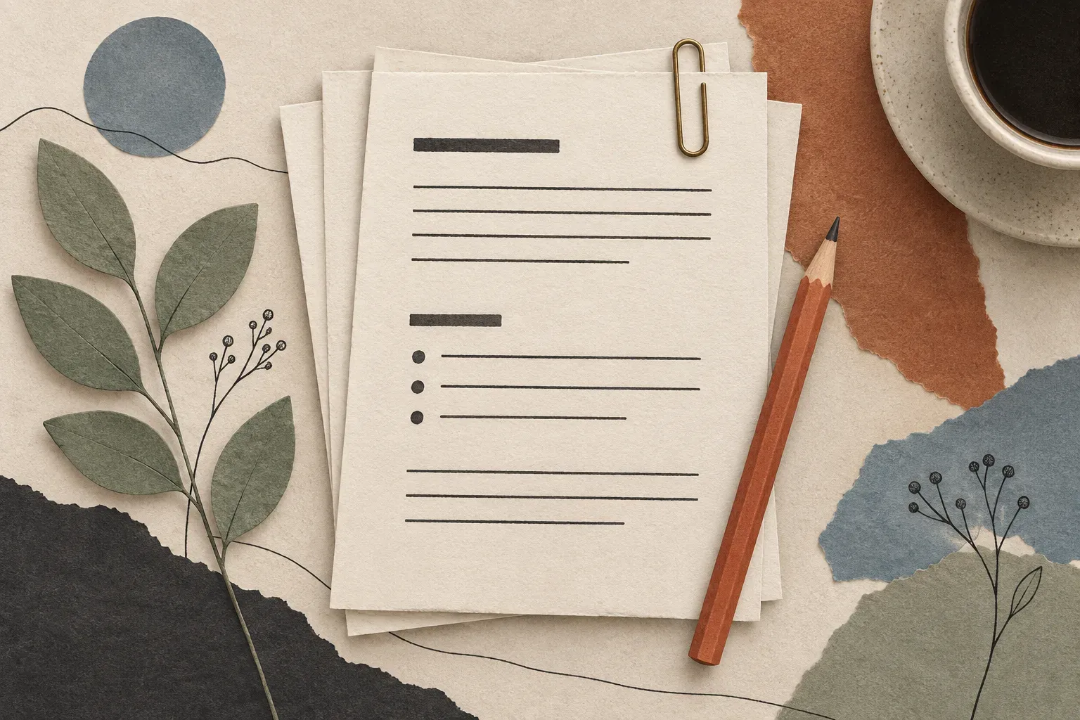 A stack of ruled manuscript pages with a brass clip and a terracotta pencil.