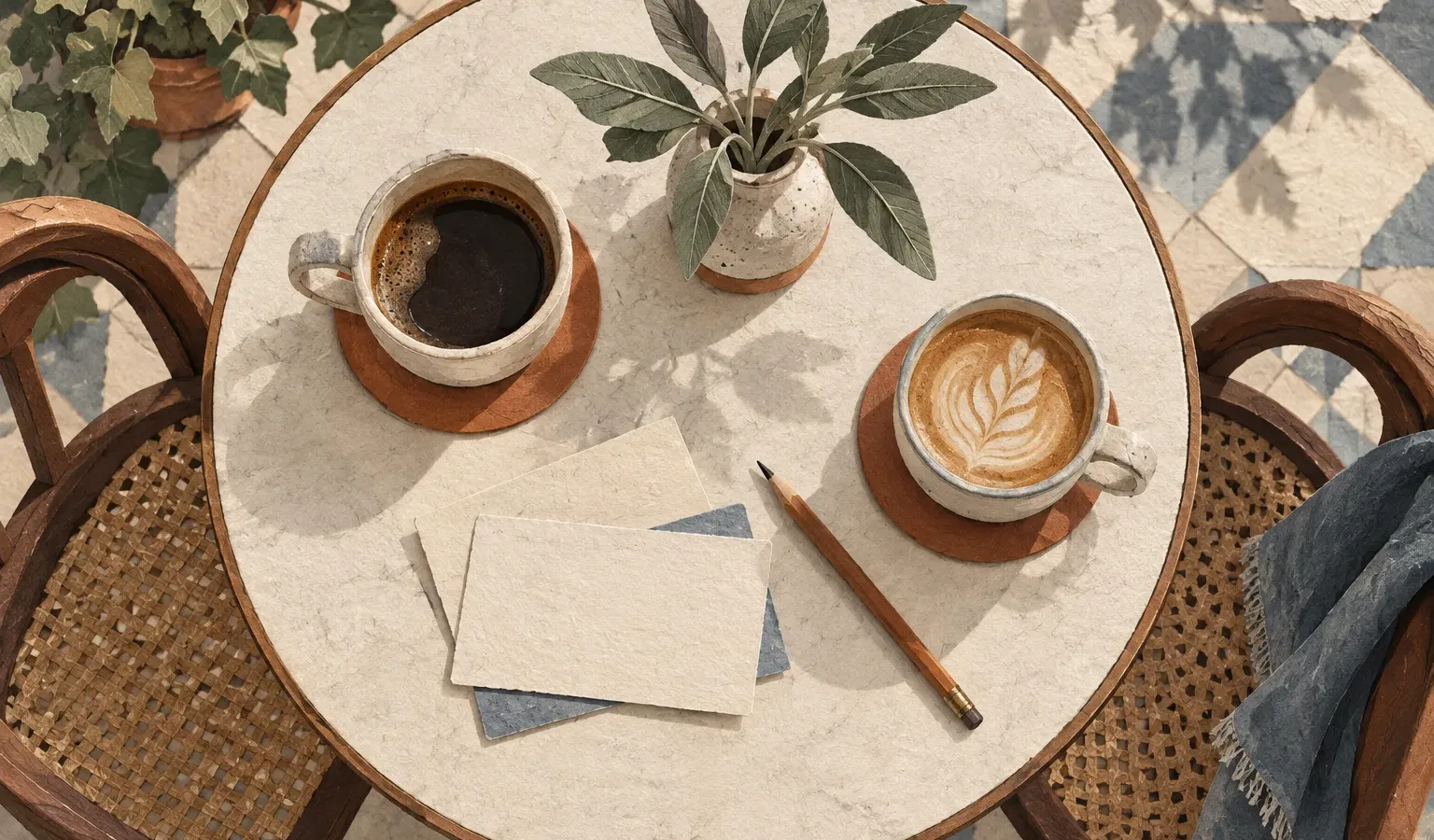 Two cups, blank idea cards, a pencil, and a small vase on a round cafe table.