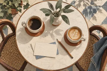Two cups, blank idea cards, a pencil, and a small vase on a round cafe table.