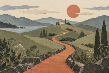 A winding terracotta path through sage hills toward a small house beneath the sun.