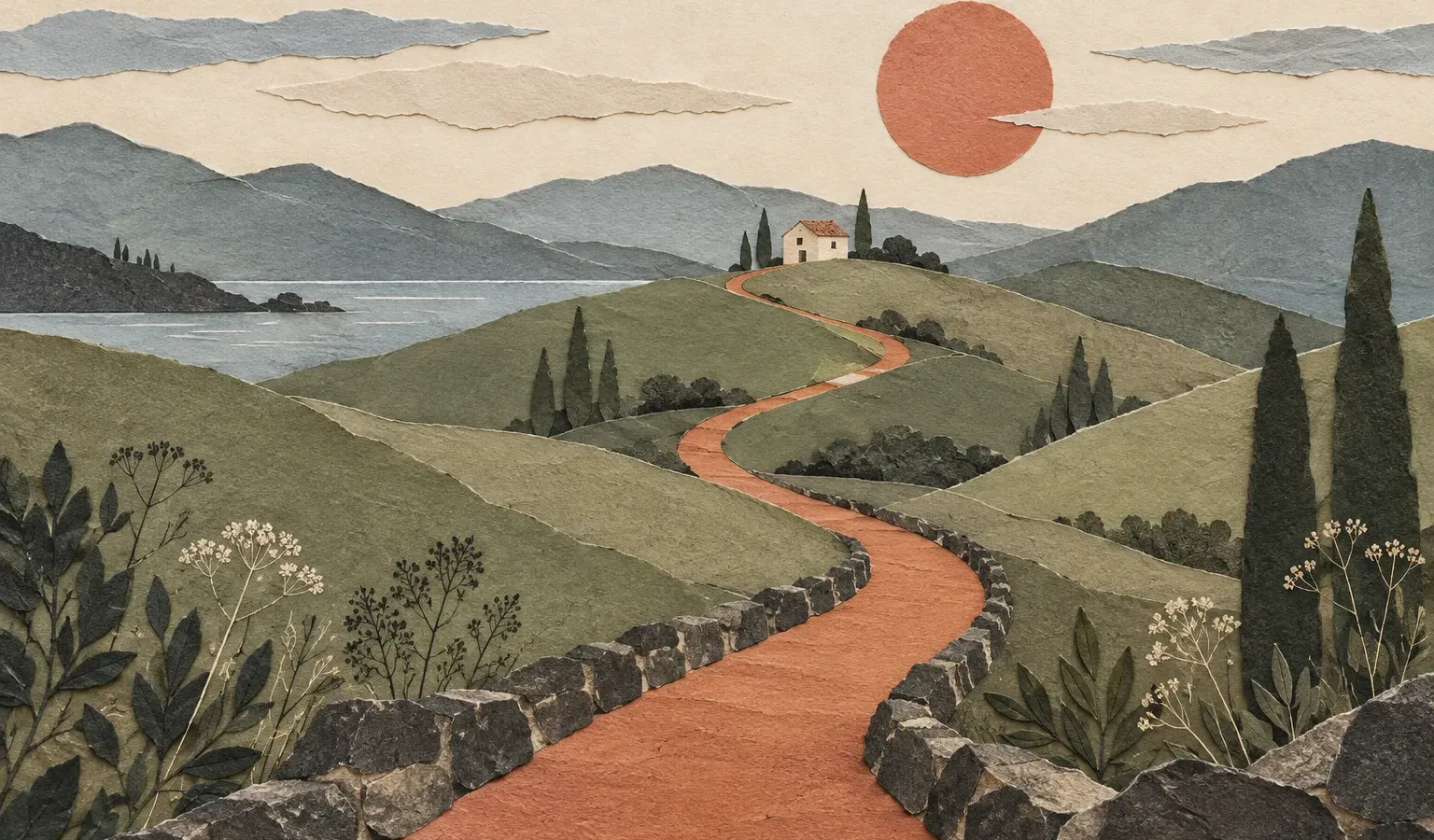 A winding terracotta path through sage hills toward a small house beneath the sun.