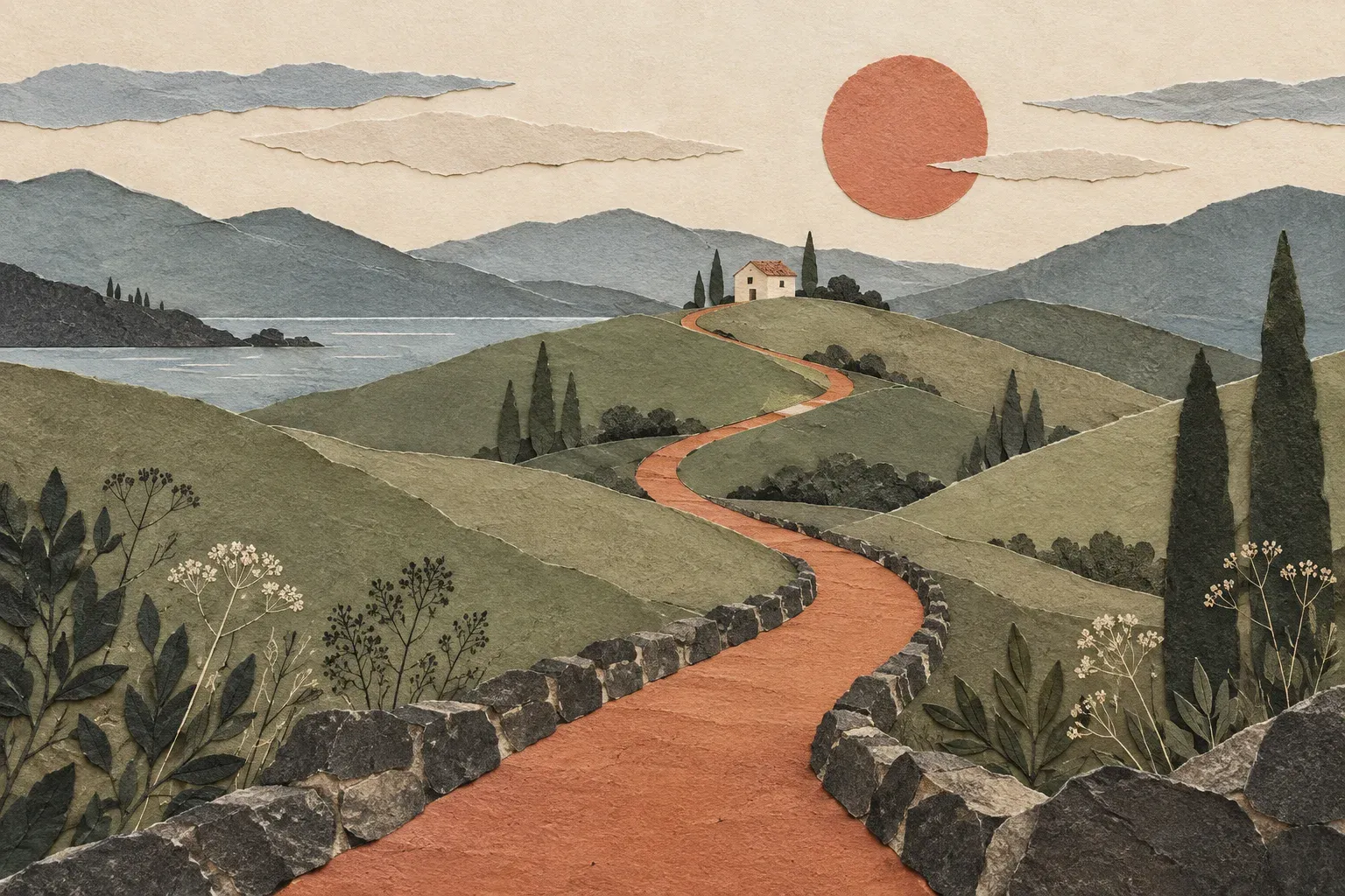 A winding terracotta path through sage hills toward a small house beneath the sun.