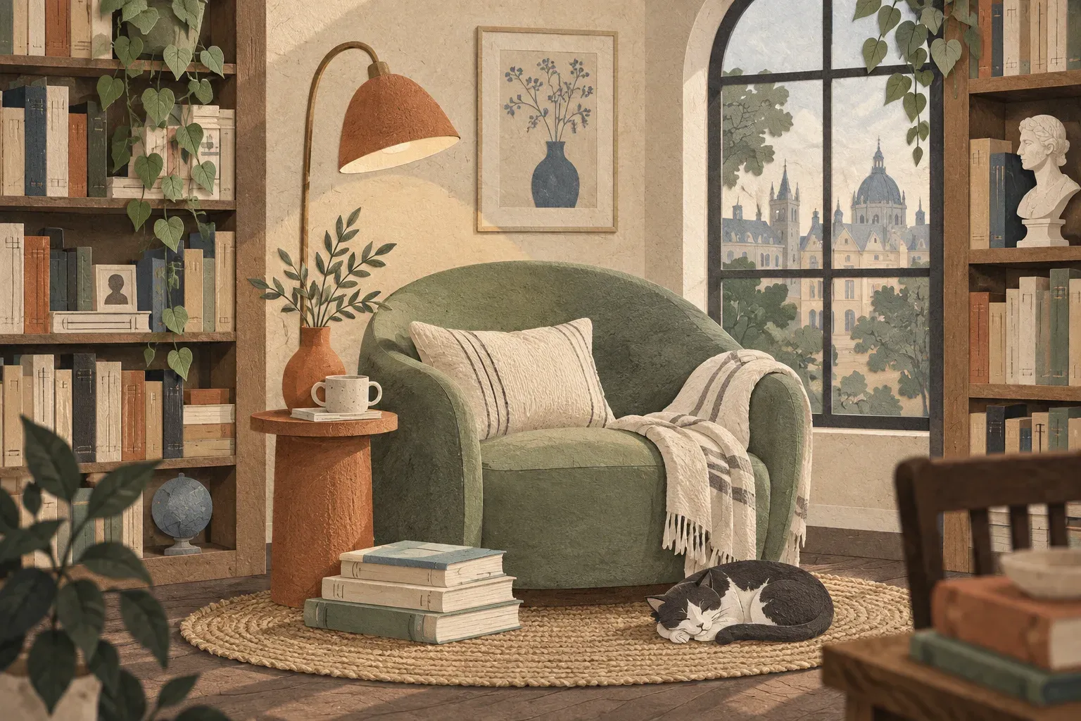 A sage armchair surrounded by books, with a warm lamp and a quiet window.