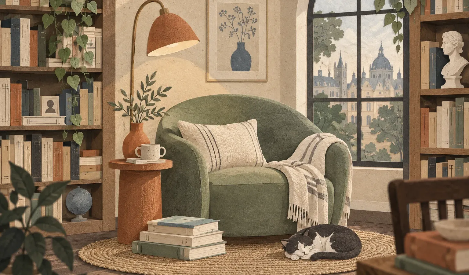 A sage armchair surrounded by books, with a warm lamp and a quiet window.