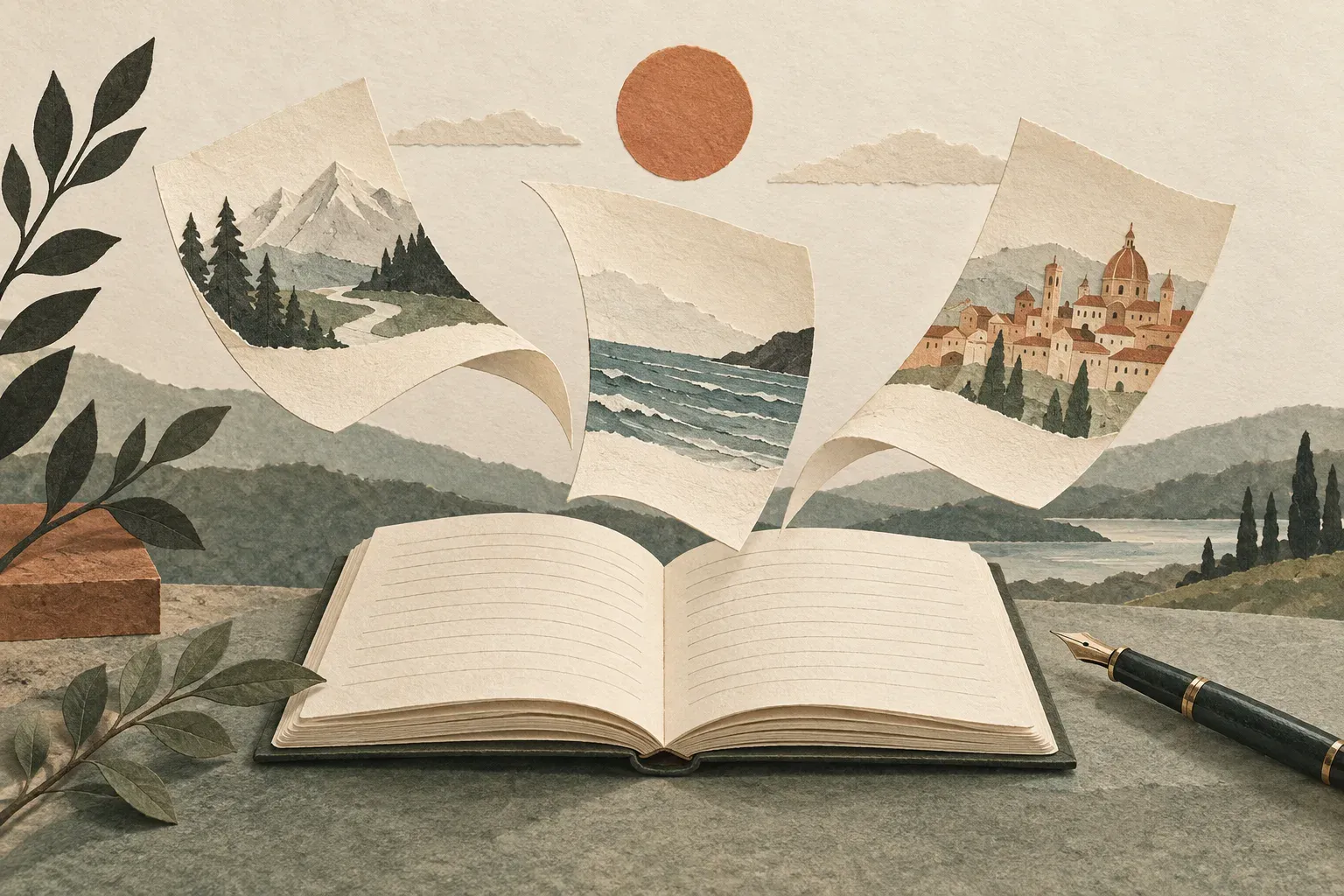 An open notebook beneath floating illustrated pages, with a pen and a terracotta sun.