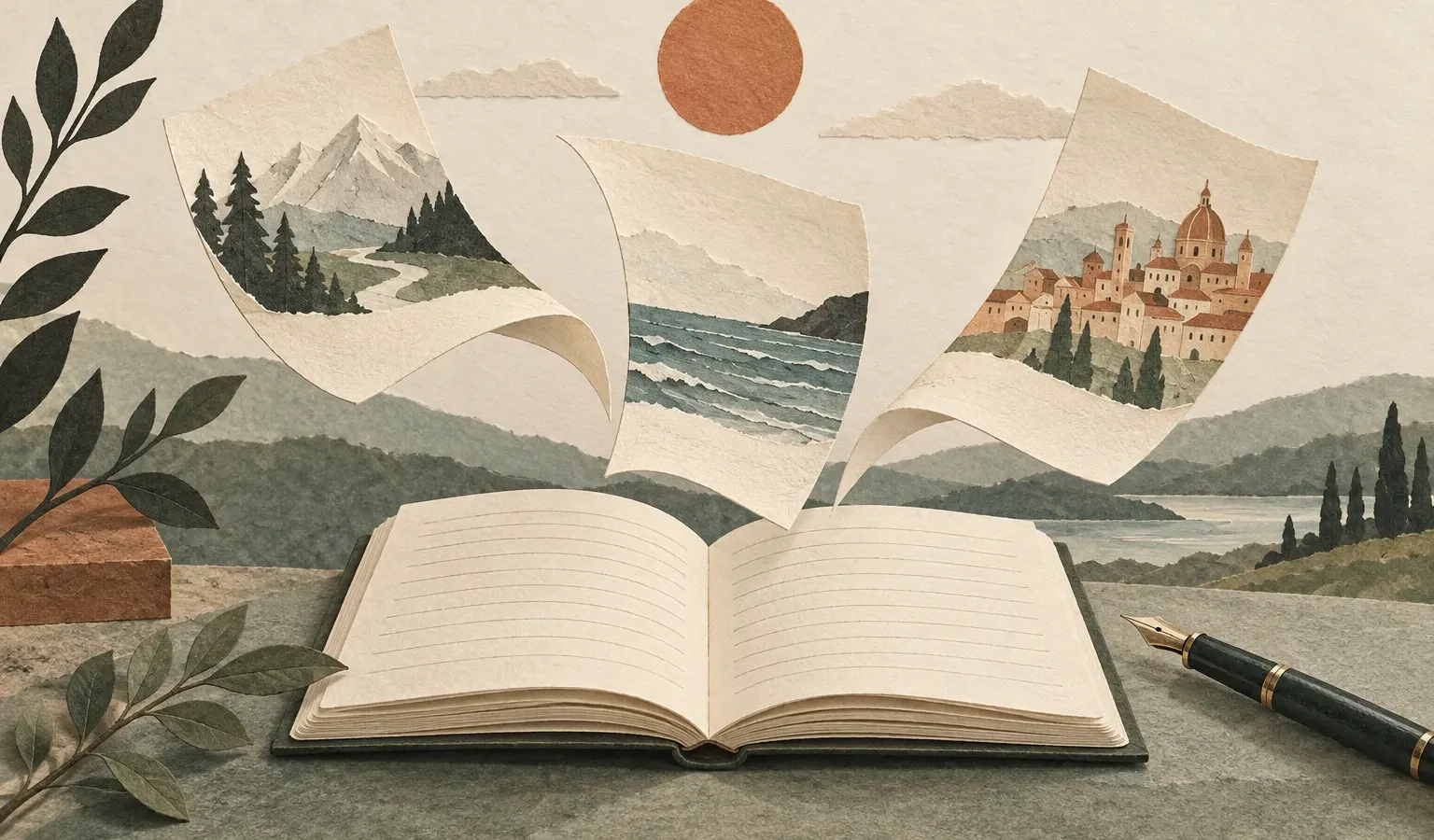 An open notebook beneath floating illustrated pages, with a pen and a terracotta sun.