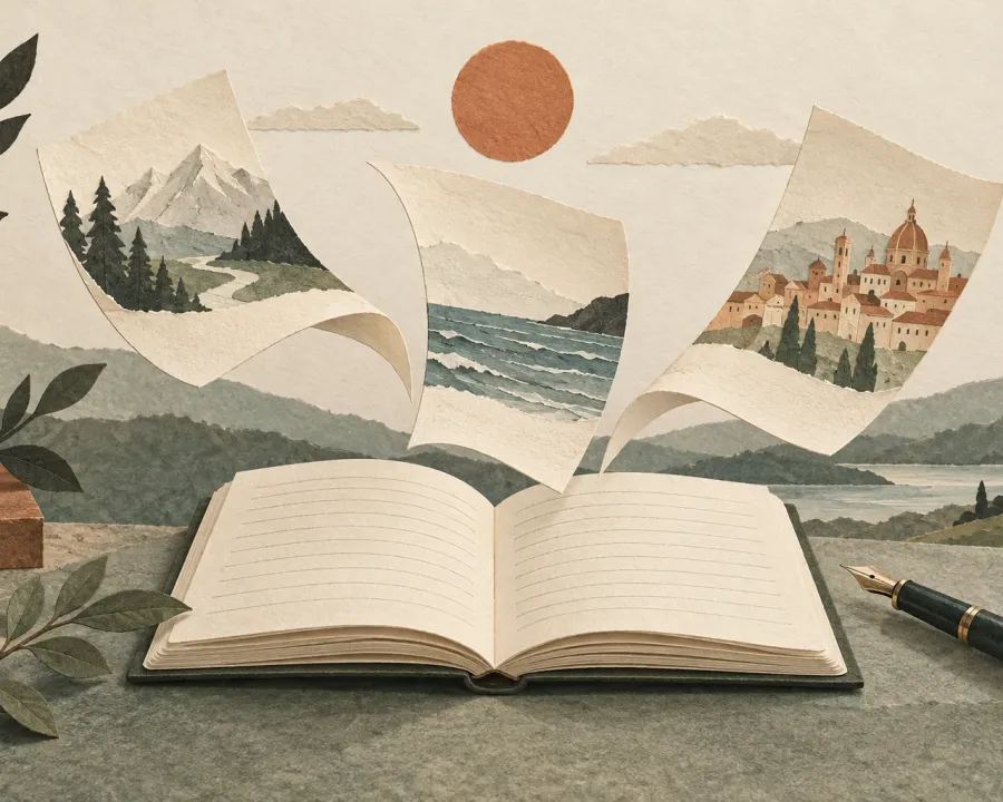 An open notebook beneath floating illustrated pages, with a pen and a terracotta sun.