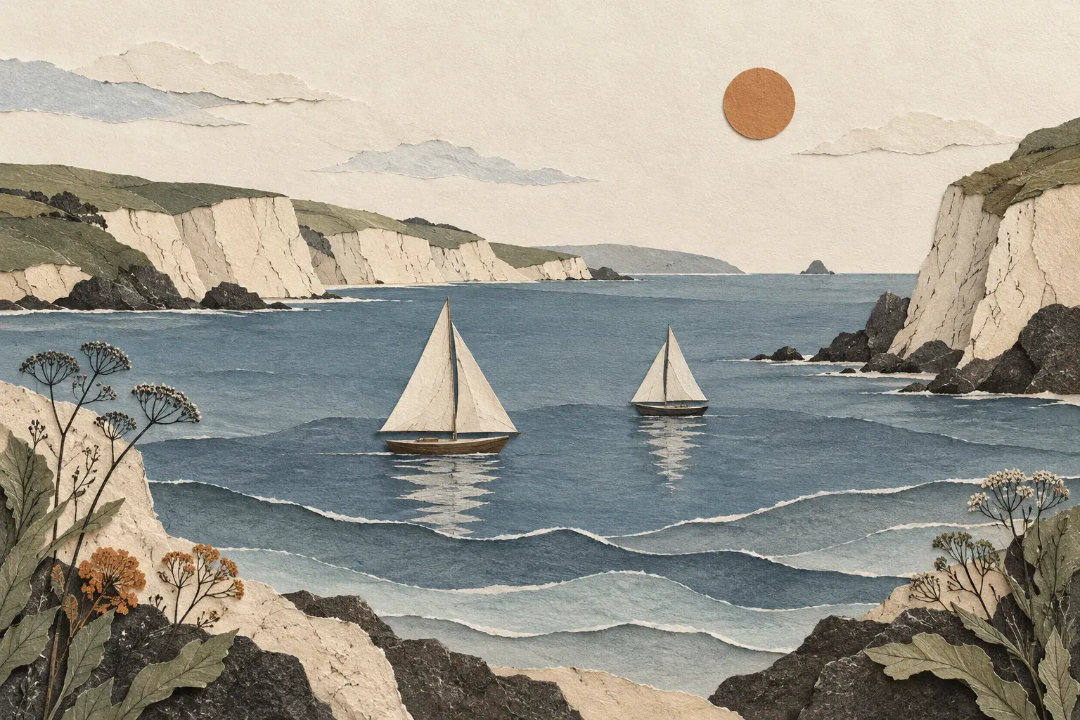 Two paper sailboats float across a layered blue bay below pale coastal cliffs.