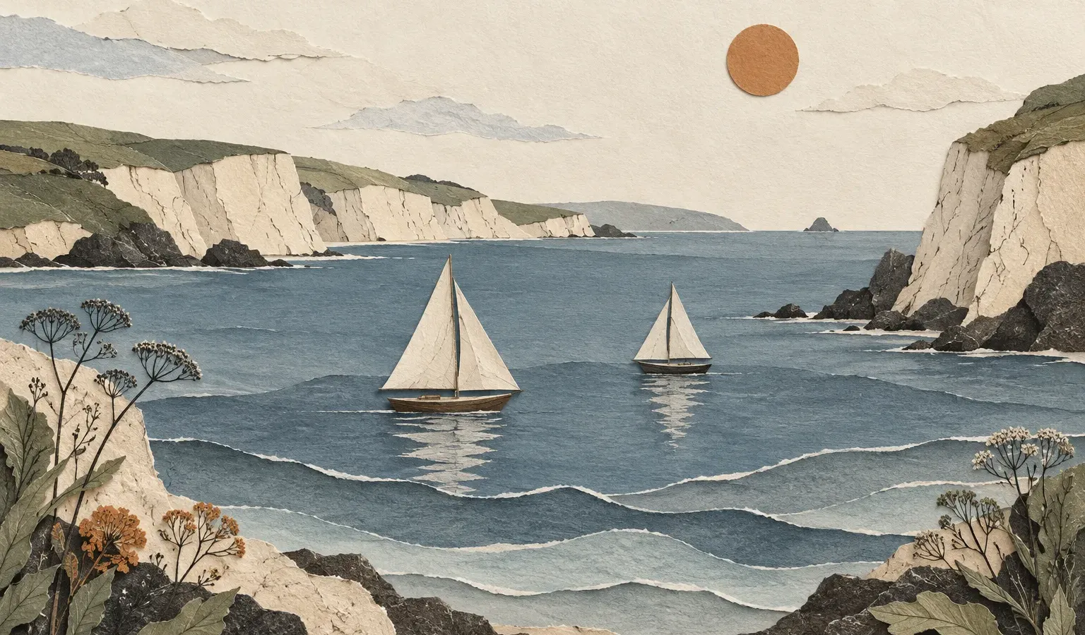 Paper sailboats on a dusty blue bay below cream cliffs and an orange sun.