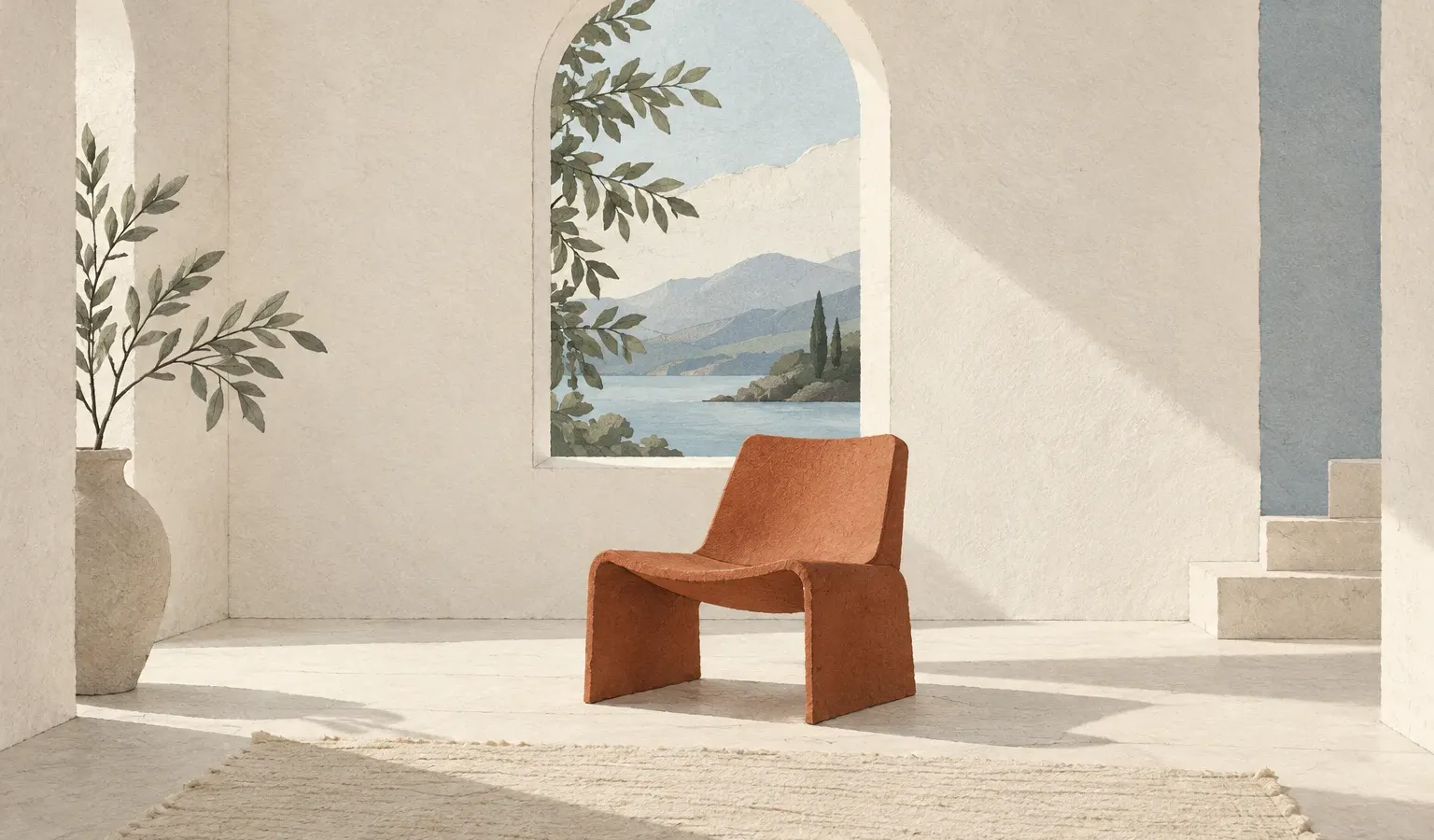 A single terracotta chair beside a tall window in a spacious ivory room.