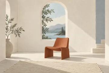 A single terracotta chair beside a tall window in a spacious ivory room.