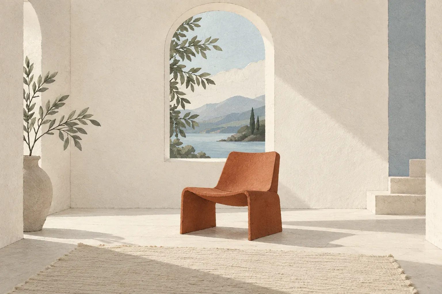 A single terracotta chair beside a tall window in a spacious ivory room.