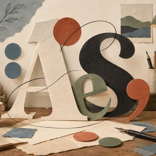Large paper letterforms and punctuation arranged on a textured writing desk.