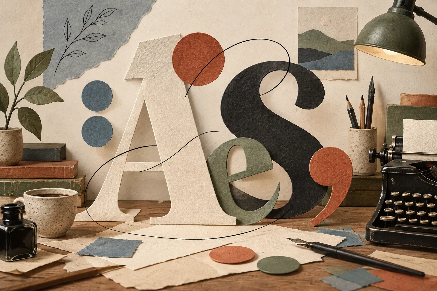 Large paper letterforms and punctuation arranged on a textured writing desk.