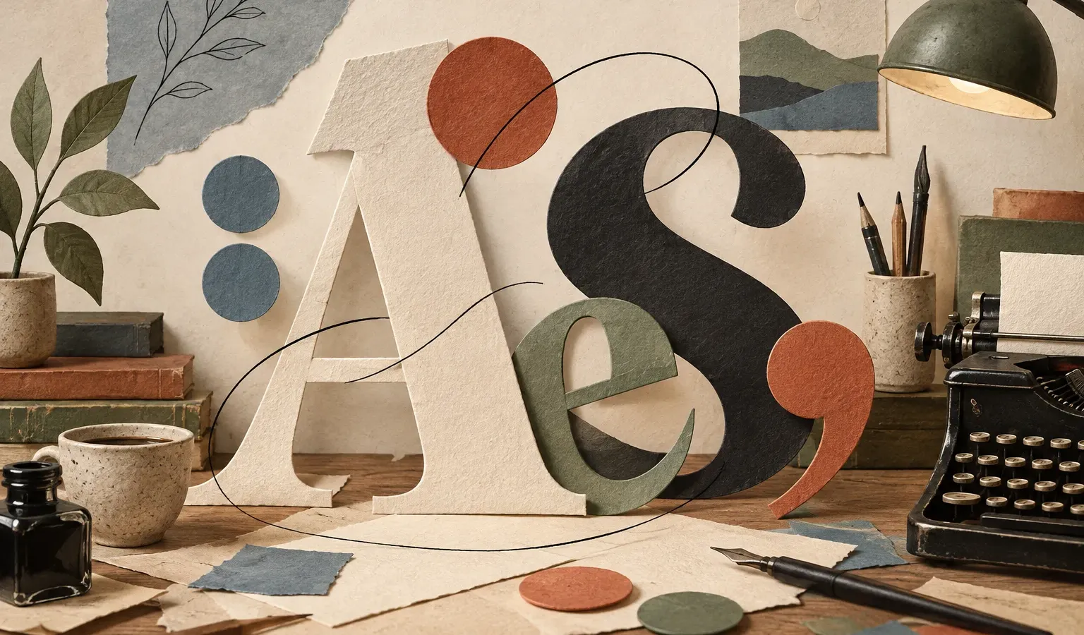 Large paper letterforms and punctuation arranged on a textured writing desk.
