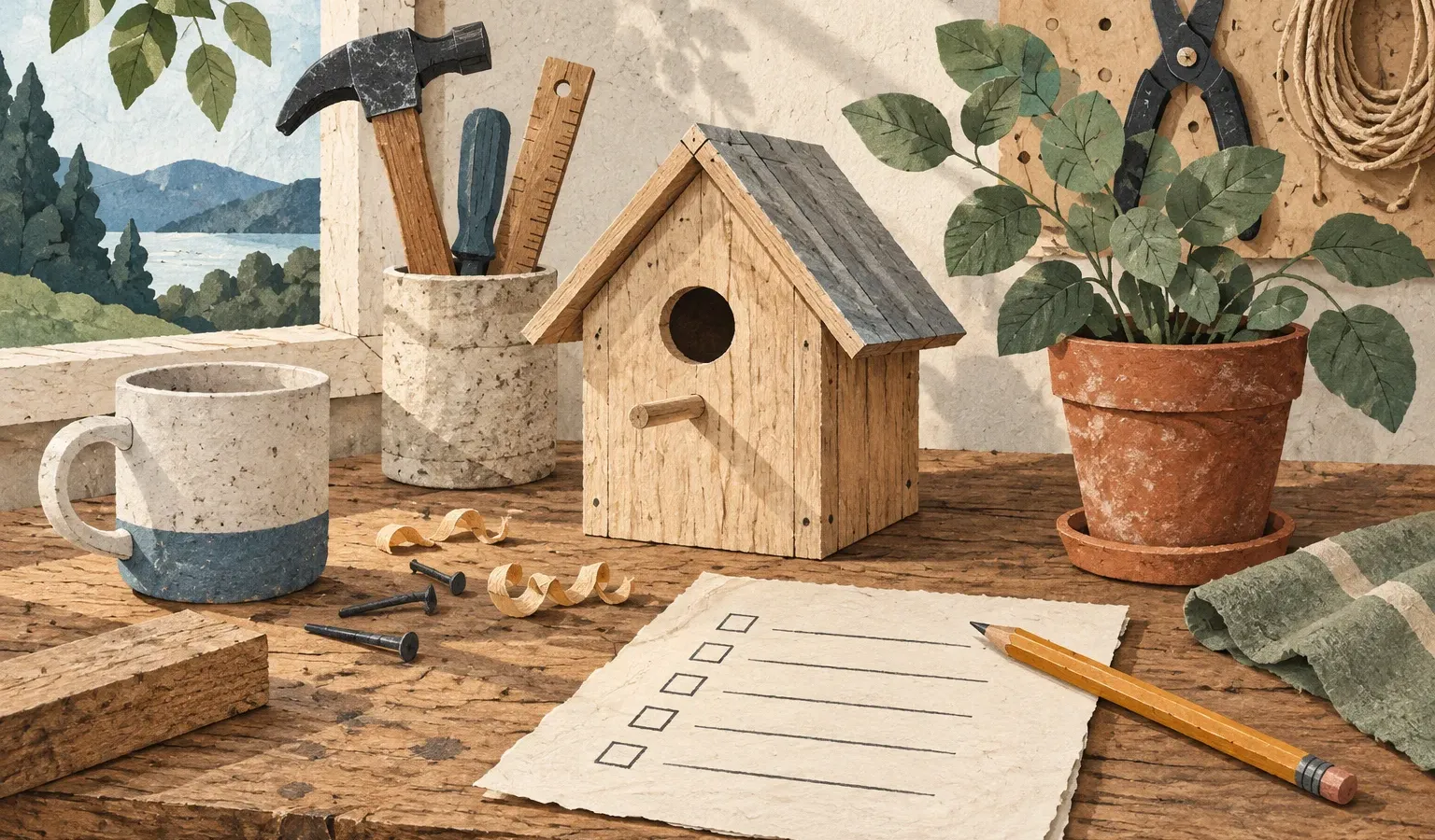 A little birdhouse beside a checklist, pencil, and a terracotta plant pot.