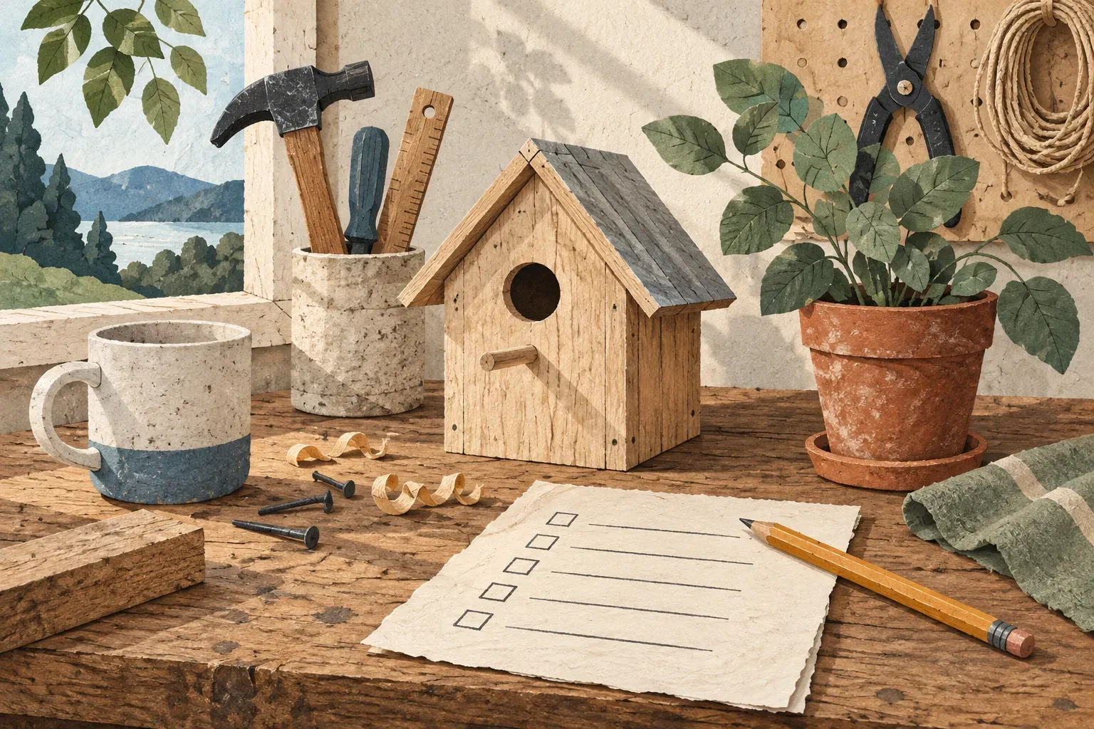 A little birdhouse beside a checklist, pencil, and a terracotta plant pot.
