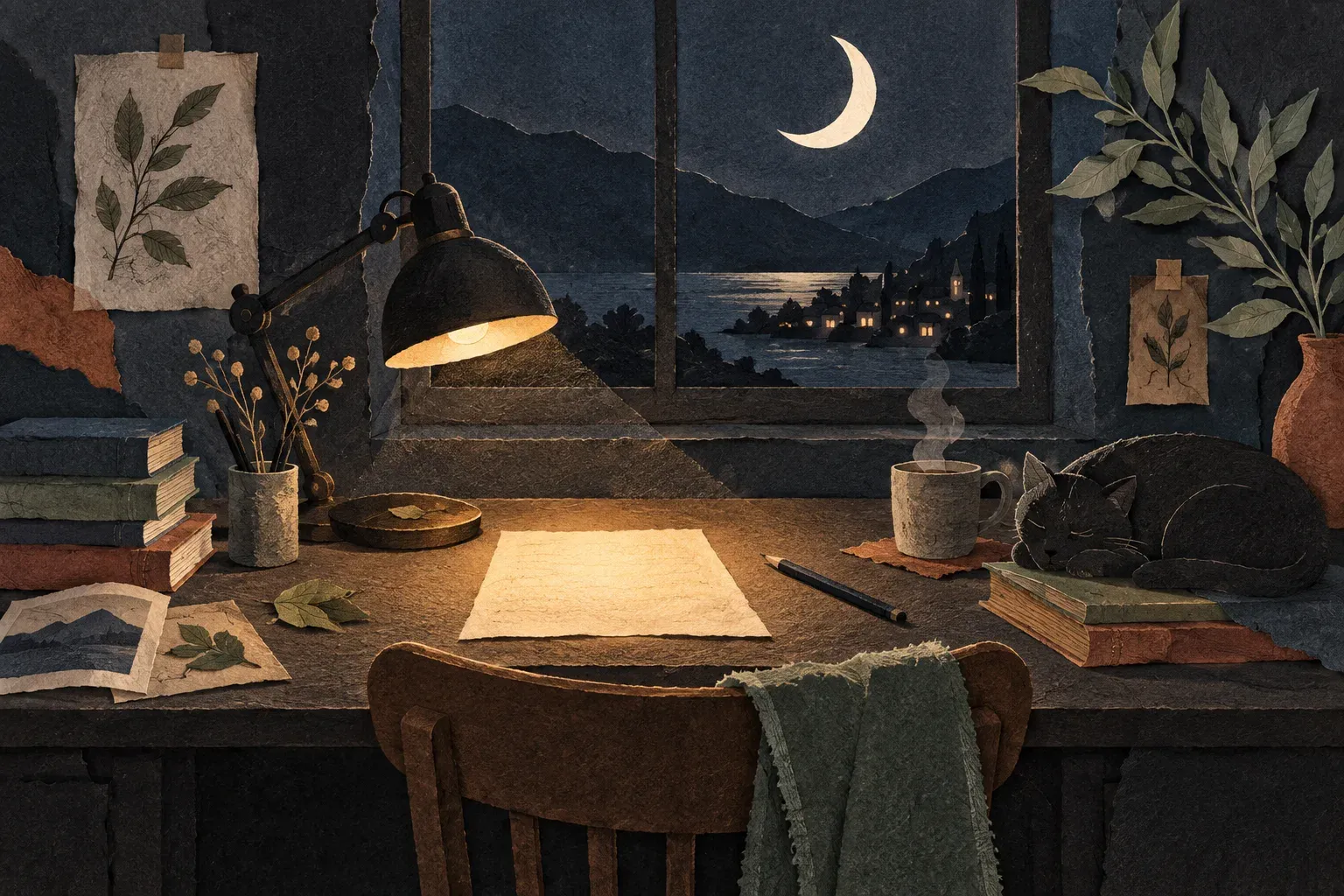 An illuminated page on a dark desk beneath a crescent moon and layered night sky.