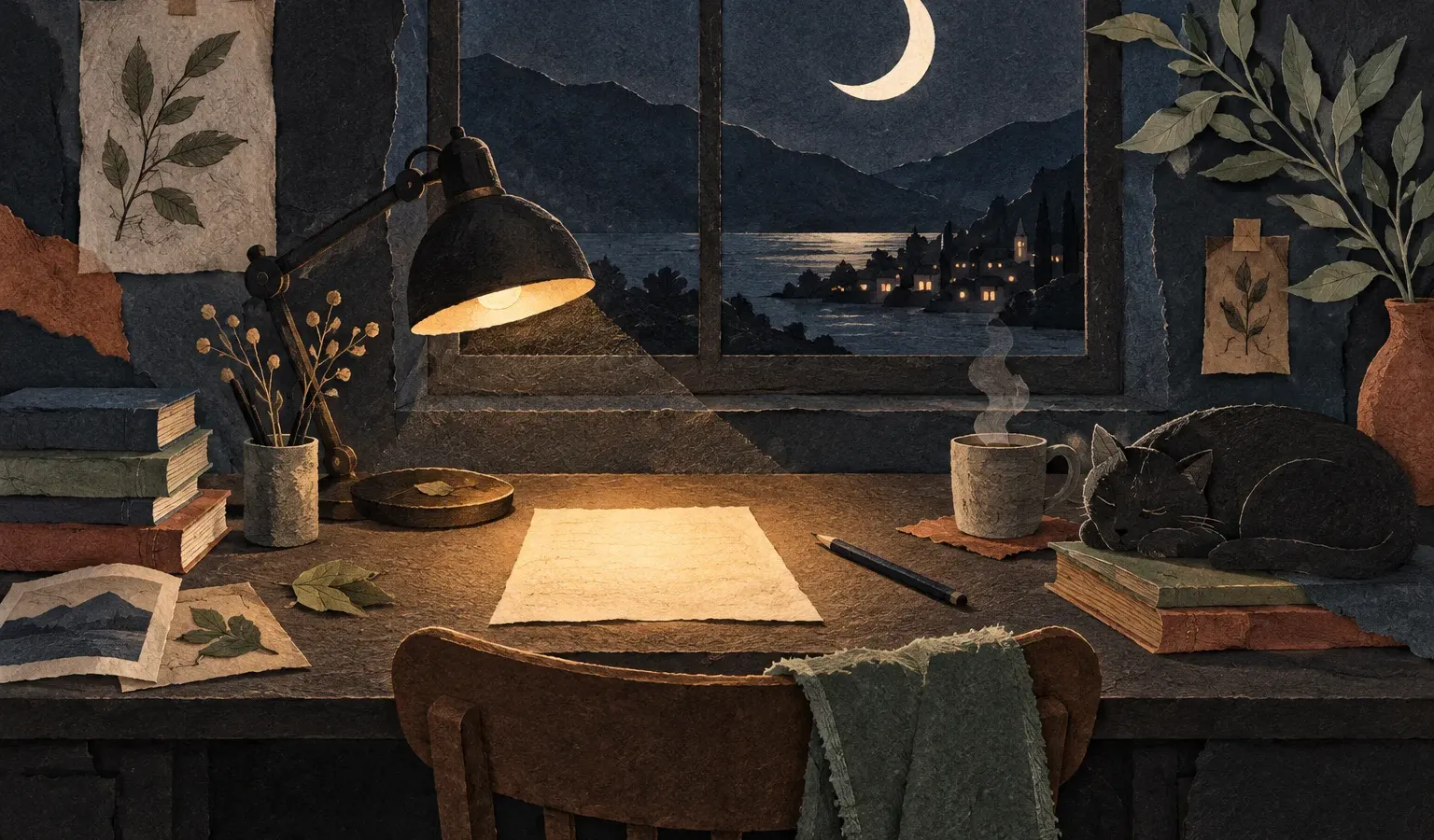 An illuminated page on a dark desk beneath a crescent moon and layered night sky.