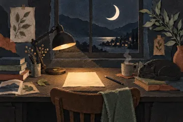 An illuminated page on a dark desk beneath a crescent moon and layered night sky.